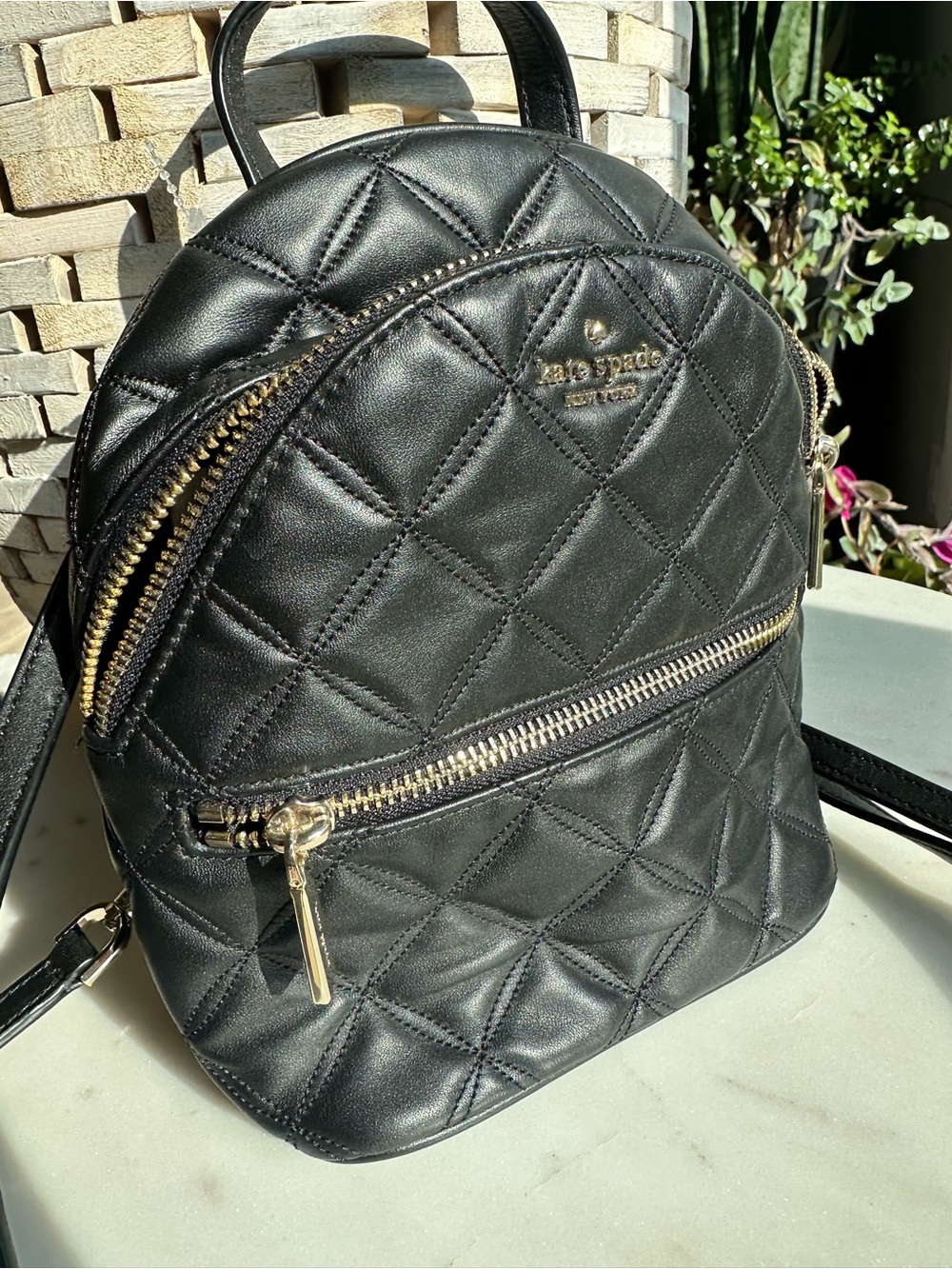 kate spade Black Quilted Leather Mini Backpack with Gold Hardware